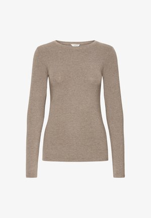 Dugmadna majica dugih rukava od svijetlosmeđeg pletiva, sa okruglim izrezom i prilagođenim krojem. Glatka tekstura bez vidljivih uzoraka.