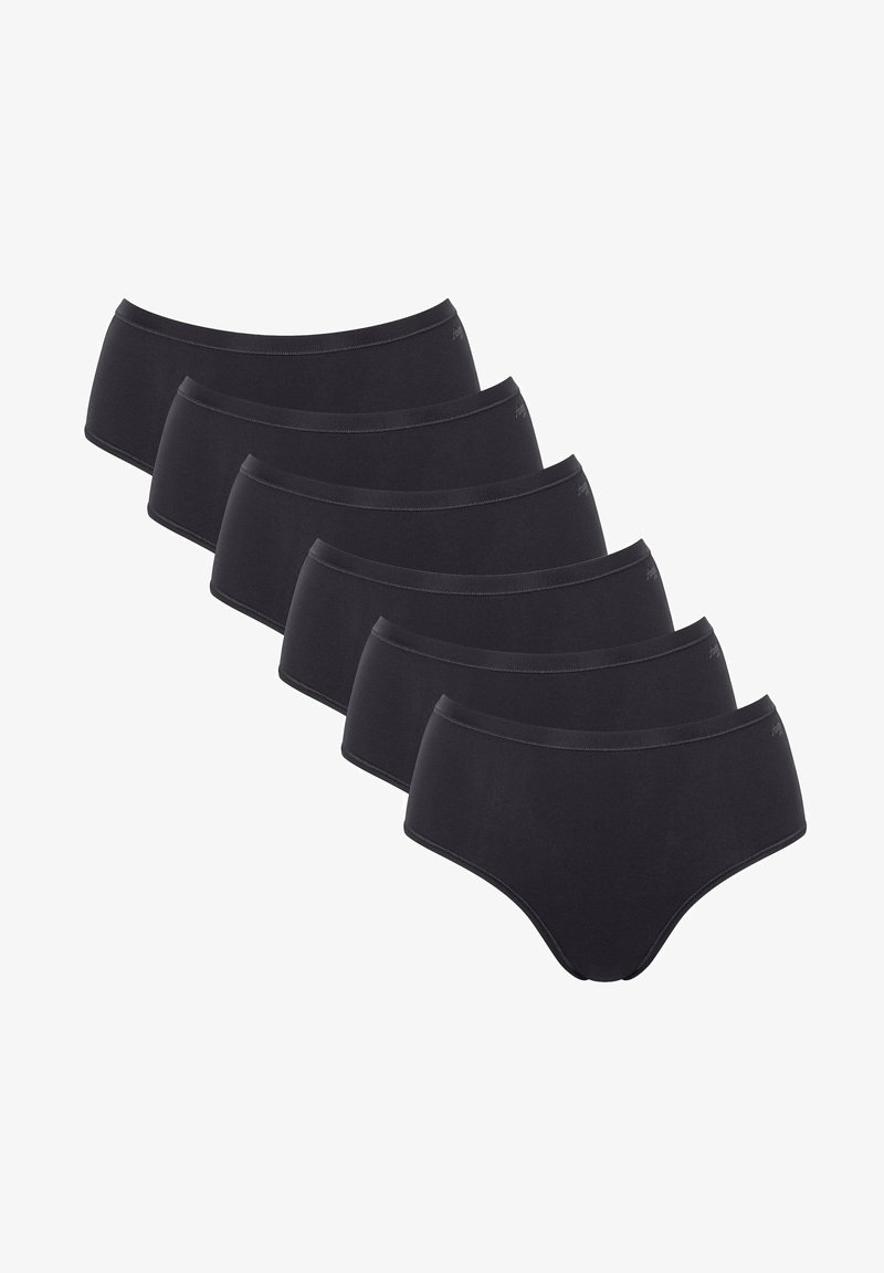 Schwarzes Set aus Baumwollslips mit mittlerer Leibhöhe, glatten, elastischen Taillenbändern, dezent genähten Kanten und einer weichen Textur.