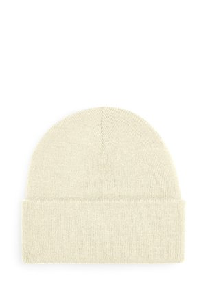Cream-colored knit beanie with a turn-up cuff, featuring a smooth texture and a simple design, ideal for cold weather wear.