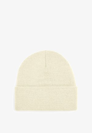 Cream-colored knit beanie with a turn-up cuff, featuring a smooth texture and a simple design, ideal for cold weather wear.