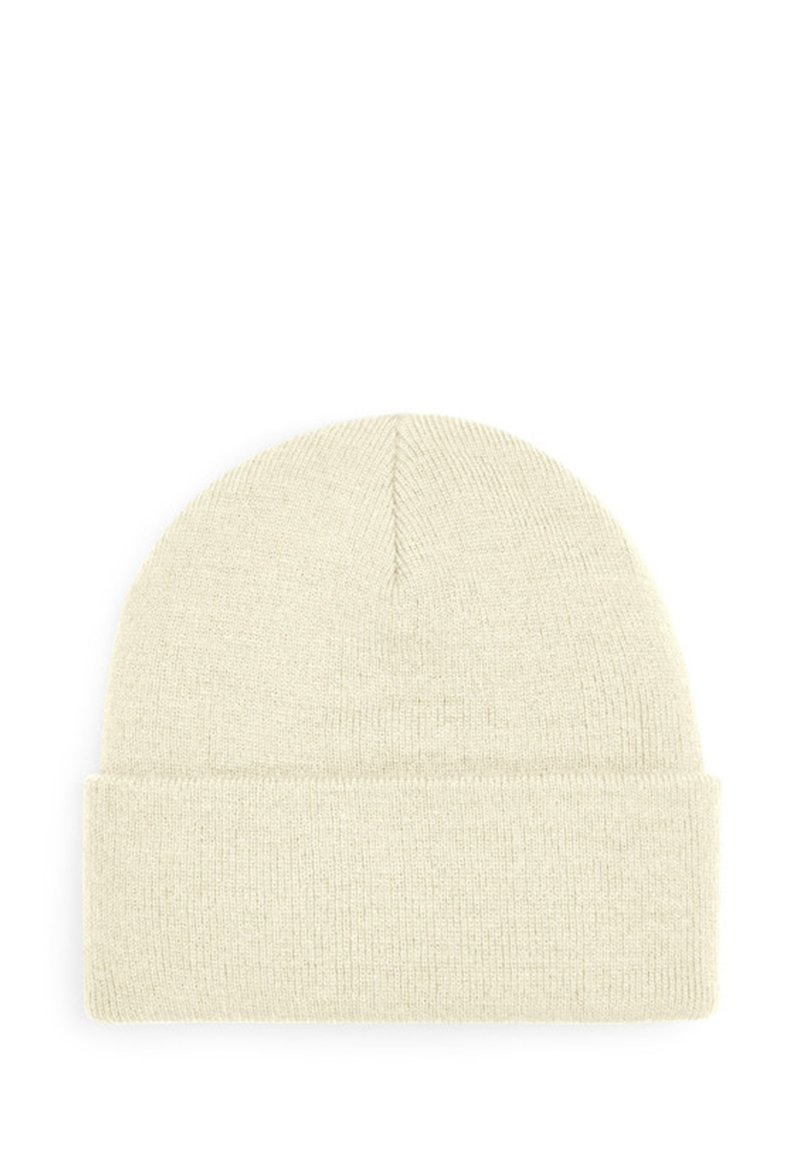 Cream-colored knit beanie with a turn-up cuff, featuring a smooth texture and a simple design, ideal for cold weather wear.