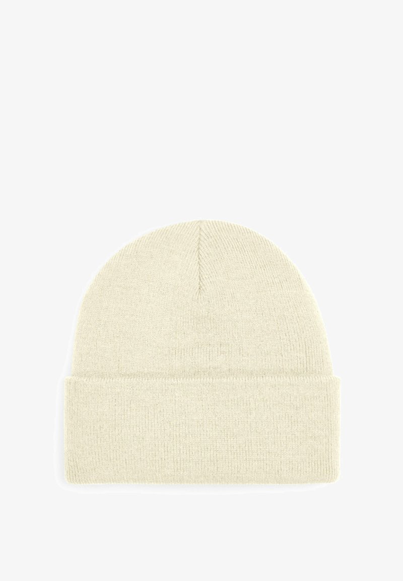 Cream-colored knit beanie with a turn-up cuff, featuring a smooth texture and a simple design, ideal for cold weather wear.