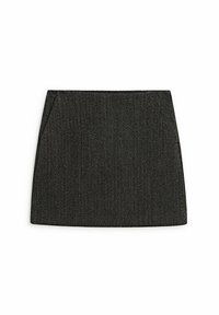 Dark gray, textured mini skirt with a straight cut and two side pockets. Features a clean design with no visible fastenings or patterns.