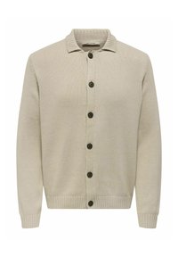 Beige cardigan lavet af struktureret strikstof, med en krave-udskæring og syv mørke knapper foran. Ribbet manchetter og kant.