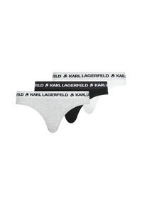 Trois paires de strings en gris clair, noir et blanc, ornées de bandes élastiques avec la marque "KARL LAGERFELD" et un accent logo.