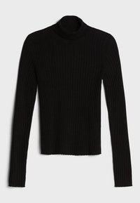 Svart ribbad polotröja med långa ärmar, mjuk textur och en figursydd design. Sömmen är något beskuren med råa kanter.