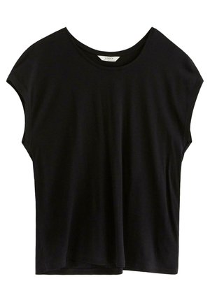 T-shirt noir à manches courtes, avec une coupe décontractée, un col rond et une texture douce et lisse. Pas d'ornements ou de motifs visibles.