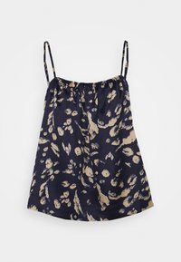 Débardeur bleu marine avec bretelles spaghetti réglables, présentant un motif floral crème et beige. Tissu doux avec une coupe fluide.