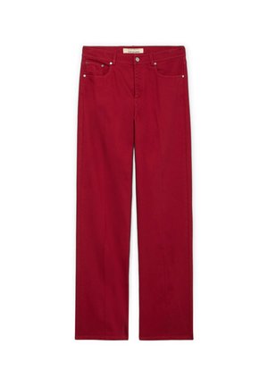 Pantalon droit rouge avec fermeture à bouton et fermeture éclair à l'avant, passants pour ceinture et cinq poches, présenté à plat sur fond blanc.