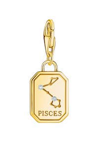 Goldfarbener achteckiger Anhänger mit dem Sternzeichen Fische, zwei klaren Edelsteinen und der Inschrift "FISCHE" am Boden.