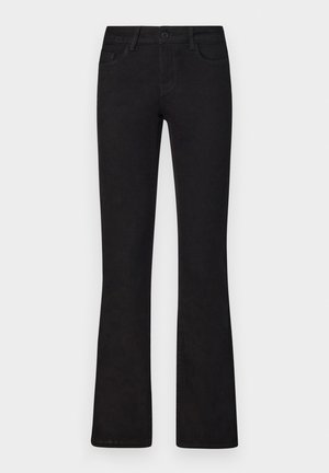 Sorte flagrende jeans lavet af denim, med et klassisk fem-lomme design, frontlukning med knap og subtile syninger.