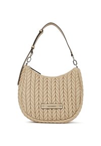 Geantă bej cu un design matlasat, formă rotundă, curea ajustabilă și un detaliu din metal argintiu pe față.