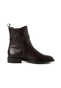 Bottine noire en cuir avec fermeture éclair latérale, talon bas, détail de sangle autour de la cheville et languette à l'arrière.