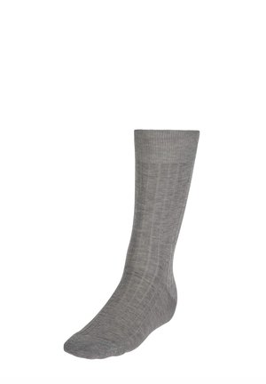 Graue Baumwollsocke mit gerippter Struktur und vertikalen Streifen, mit verstärkter Spitze und Bund für Langlebigkeit. Klassisches Design bis zur Mitte der Wade.