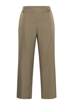 Pantaloni khaki cropped a gamba larga con vita elasticizzata e dettagli decorativi con bottoni sui fianchi, senza tasche o chiusure visibili.