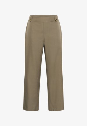 Pantaloni khaki cropped a gamba larga con vita elasticizzata e dettagli decorativi con bottoni sui fianchi, senza tasche o chiusure visibili.