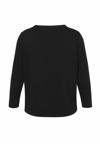 Zwart langemouwen top, zachte stof, ronde hals, losse pasvorm, gestructureerde achterkant, rechte zoom. Geen zichtbare patronen of hardware.