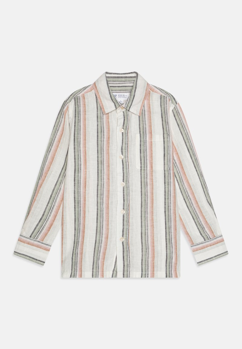 Könnyű, csíkos fehér ing, amelyen függőleges vonalak találhatók narancssárga, zöld és fekete színben. Kétrészes gallérral és egyetlen mellzsebbel rendelkezik.