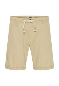 Pantaloni corti in cotone beige con chiusura a coulisse, orlo arrotolato e tasca laterale. Design semplice e tessuto leggero.