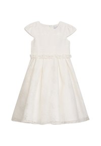 Weißes Kleid mit Blumenmuster, kurzen Puffärmeln, gewelltem Taillenschnitt und vollem Rock. Verfügt über einen Reißverschluss auf der Rückseite.