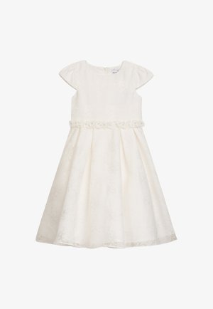 Weißes Kleid mit Blumenmuster, kurzen Puffärmeln, gewelltem Taillenschnitt und vollem Rock. Verfügt über einen Reißverschluss auf der Rückseite.