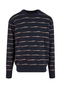 Maglione navy con strisce orizzontali beige, scollo a girocollo a costine e maniche lunghe; tessuto morbido, vestibilità rilassata e dettagli texturizzati.