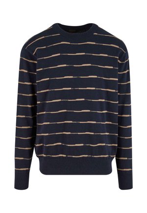 Jūras spēku džemperis ar horizontālām brūnganām svītrām, ribotu apaļu kakla izgriezumu un garām piedurknēm; maiga auduma, brīva piegriezuma un teksturēti akcenti.