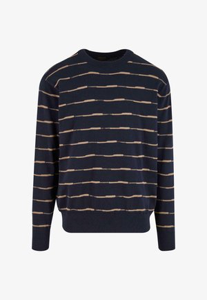 Marineblauwe trui met horizontale tanstrepen, geribbelde ronde hals en lange mouwen; zachte stof, relaxte pasvorm en textuuraccenten.