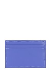 Portafoglio in pelle viola con cinque slot per carte, texture liscia e dettagli in cucitura bianca lungo i bordi. Forma rettangolare.