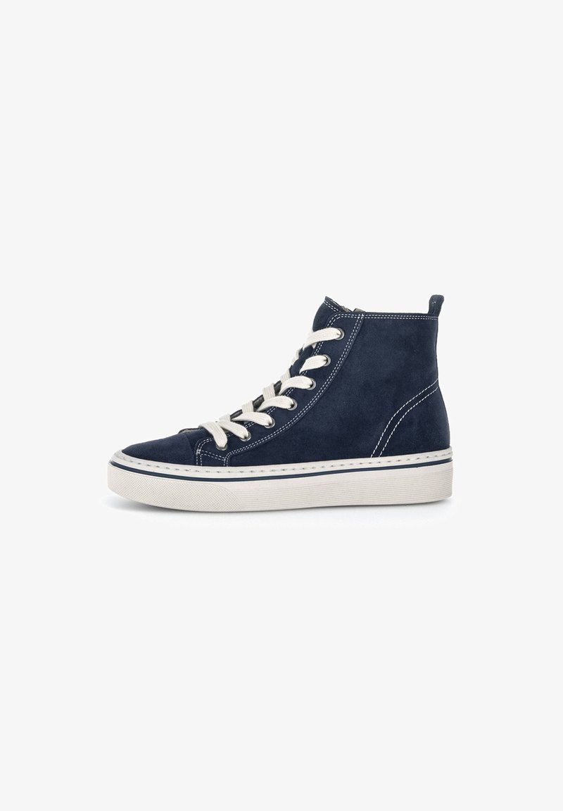 Hoge sneakers van marineblauw suede met contrasterende witte stiksels, crèmewitte veters en een gestructureerde rubberen zool.