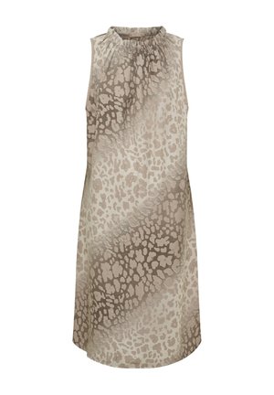 Ærmeløs knælængde kjole med beige og taupe dyreprint mønster og samlet høj hals.