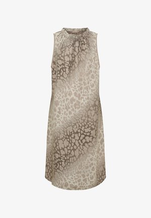 Ærmeløs knælængde kjole med beige og taupe dyreprint mønster og samlet høj hals.