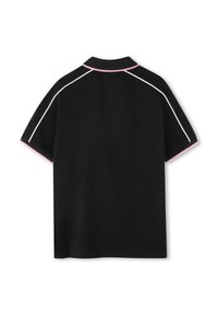 Black polo shirt featuring a collar with pink accents and white piping over the shoulders. Short sleeves with pink trim. Smooth texture.