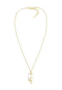 Gul kæderef halskæde med en hvid rose vedhæng med en blank finish og en guldstamme prydet med glitrende sten.