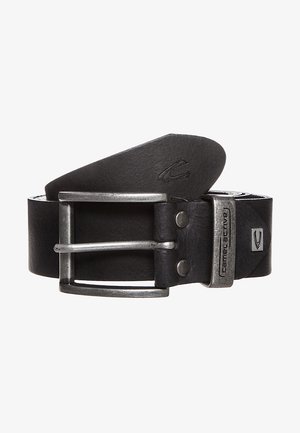 Black leather belt with a matte finish, featuring a silver-tone metal buckle and rivet accents, and a logo detail near the buckle.