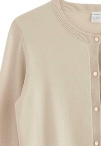 Beige knitted cardigan with a round neck, featuring a button closure, ribbed edges, and smooth texture.