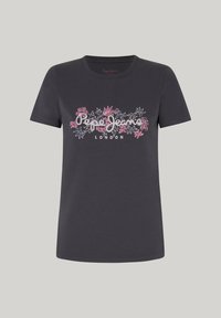 Camiseta de algodón de color gris oscuro, de manga corta, con bordado floral colorido y el texto "Pepe Jeans London."