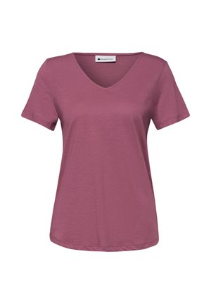 T-shirt femme à manches courtes et col en V couleur dusty rose, en tissu léger avec un ourlet légèrement arrondi, de la marque Street One.