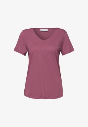 Damen T-Shirt mit kurzen Ärmeln und V-Ausschnitt in Staub-Rosé, aus leichtem Stoff mit leicht geschwungenem Saum, von der Marke Street One.