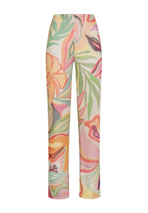 Flowy, high-waisted pants with a vibrant floral print in pink, orange, and green on a light background, featuring a straight-leg design.