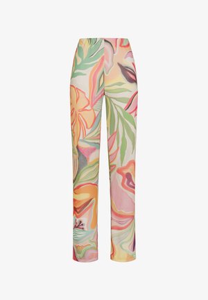 Pantaloni fluidi a vita alta con una vivace stampa floreale in rosa, arancione e verde su uno sfondo chiaro, caratterizzati da un design a gamba dritta.