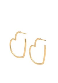 Cercei hoop în formă de inimă, de culoare aurie, cu un design elegant și minimalist, având o finisare lustruită, cu o textură netedă și margini rotunjite.