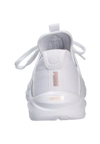 White athletic shoe featuring a textured mesh upper, lace closure, soft padded collar, and a rounded outsole with a logo detail.
