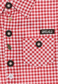 Rot-weiße karierte Hemd mit einer Tasche, schwarzen Knöpfen und gestickten Akzenten wie einer Blume und grünen Details. Etikett trägt die Aufschrift "GIPFELHELD".