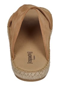 Brown suede espadrille featuring an open-toe design, jute woven sole, and smooth inner lining. The brand logo is visible inside.