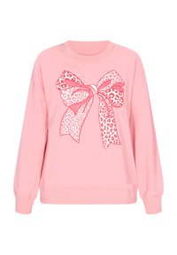 Felpa rosa con scollatura e polsini a costine. Presenta una grande grafica a fiocco leopardato rosso al centro. Tessuto morbido.