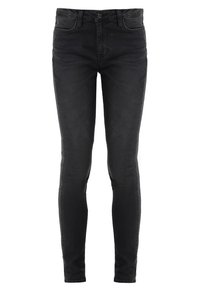 Jeans skinny negros de mezclilla, con un diseño clásico de cinco bolsillos, cierre con cremallera y un ajuste slim que se estrecha hacia el tobillo.