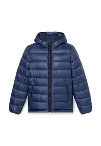 Mörkblå pufferjacka med huva, med horisontellt quiltade sektioner, framdragkedja och två sidofickor med dragkedja. Slät textur.