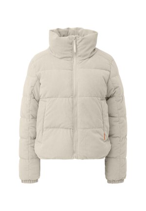 Daunenjacke aus hellgrauem Cordstoff mit hochgeschlossenem Kragen, Reißverschluss und gerippten Bündchen. Auffällige kastige Form und gesteppte Polsterung.