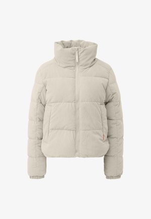 Chaqueta acolchada en suave tela de pana gris claro, con un alto cuello, cierre de cremallera y puños acanalados. Destaca por su forma cuadrada y un acolchado cosido.